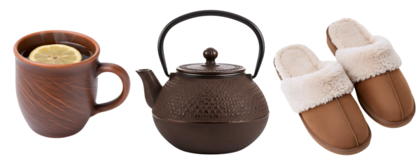 A rustic tea time set with a brown ceramic mug, a cast iron teapot, and a pair of cozy slippers. This collection is perfect for a warm and relaxing break at home.