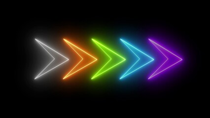Five Neon Arrows in a Row with White Orange Green Blue and Purple Colors on a Black Background