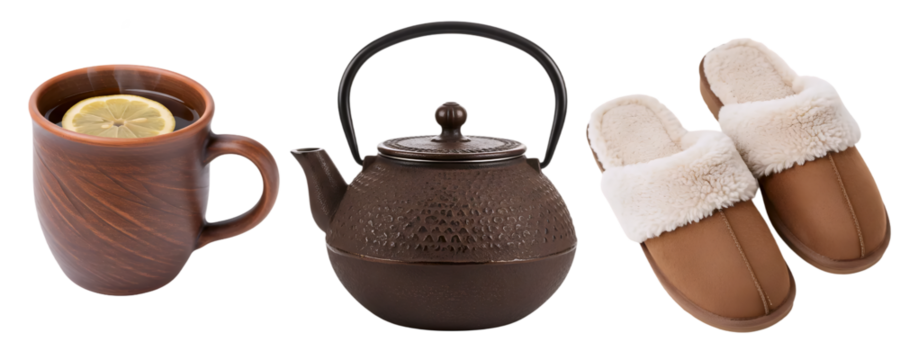 A rustic tea time set with a brown ceramic mug, a cast iron teapot, and a pair of cozy slippers. This collection is perfect for a warm and relaxing break at home.