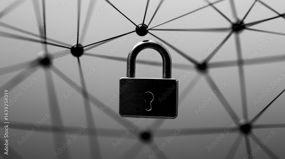 Poster secure padlock resting on a networked surface symbolizing cybersecurity and data protection