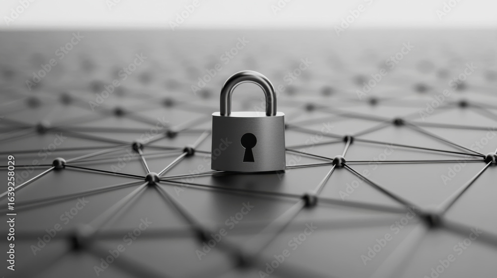 Poster secure padlock resting on a networked surface symbolizing cybersecurity and data protection