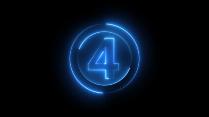 Glowing Blue Number Four Within Circular Neon Light Frame Against Black Background
