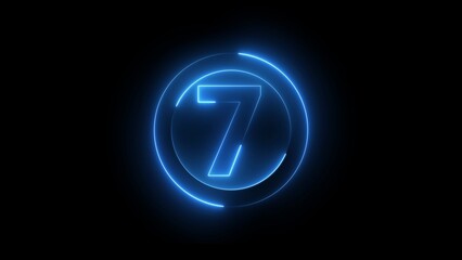 Glowing Blue Number Seven Inside a Circle on Black Background Neon Light Digital Illustration