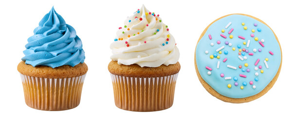 A set of three sweet blue-themed treats, including two cupcakes with swirled frosting and a decorated donut. This delicious assortment is perfect for a birthday party, baby shower, or celebration.