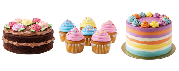 A vibrant birthday party dessert set, featuring colorful cupcakes and a multi-layered rainbow cake. This festive collection is perfect for a joyful and sweet celebration for children and adults.