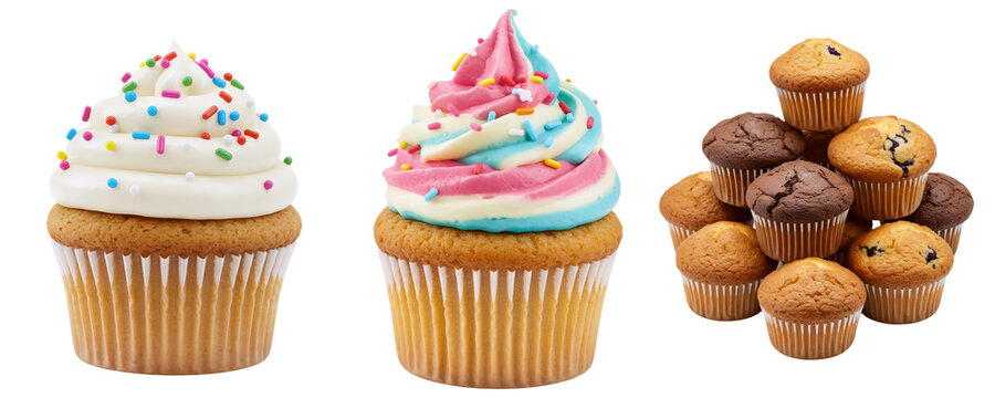A delicious bakery assortment with two decorated cupcakes and a pile of mini chocolate chip muffins. This collection is perfect for representing a variety of sweet treats, parties, or bake sales.