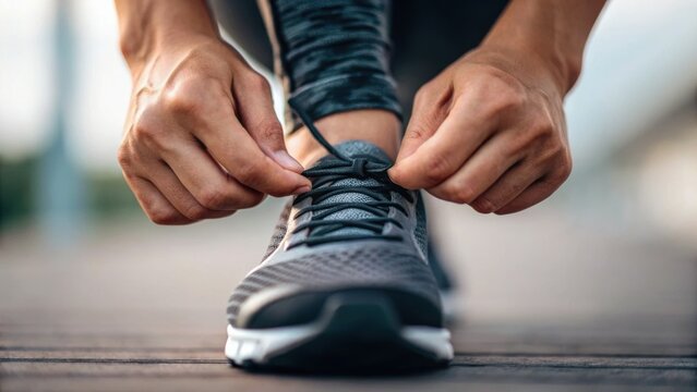 A close-up of hands tying shoelaces on a running shoe, emphasizing preparation for exercise or an athletic activity.