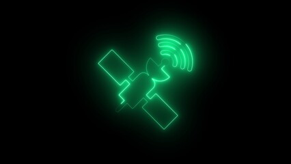 Glowing Green Neon Satellite Illustration on Black Background with Antenna Signal Waves Space Communication Technology