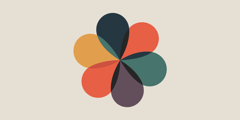 Abstract flower design with overlapping petals in various colors on a light beige background art