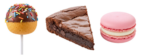 A trio of gourmet desserts, featuring a chocolate cake pop, a fudge brownie, and a pink macaron. This elegant and delicious assortment is perfect for a patisserie or a sophisticated sweet treat.