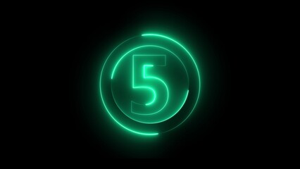 Glowing Green Number Five Inside Circle on Black Background Countdown Concept Neon Light Effect