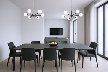 Fototapeta premium Modern Dining Room with Black Furniture, Geometric Chandeliers, and Natural Light from Large Windows