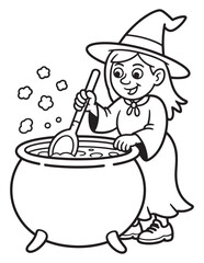 Smiling Witch Stirring Bubbling Cauldron of Potion Halloween Coloring Page
