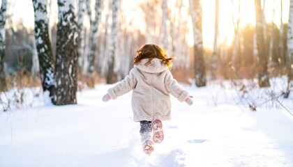 Young girl running through a snowy forest.