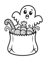 Halloween Candy Bag Overflowing with Treats and Spooky Ghost Cartoon Coloring Page