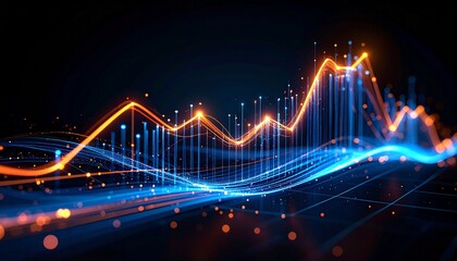 Obraz premium Digital Financial Wave: A captivating abstract digital visualization of financial data, depicting dynamic wave patterns in glowing orange and blue hues.