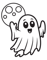 Cute Happy Ghost with Moon – Kawaii Halloween Coloring Page
