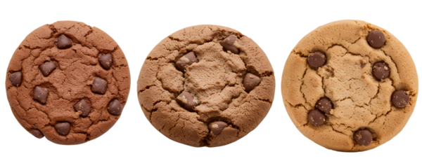A collection of three classic large cookies, including a chocolate chip cookie and a double chocolate cookie. This delicious set is a perfect representation of homemade-style bakery treats.