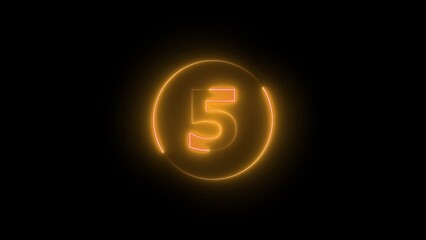 Glowing neon number five inside a circle against a black background orange light effect for countdown or promotion