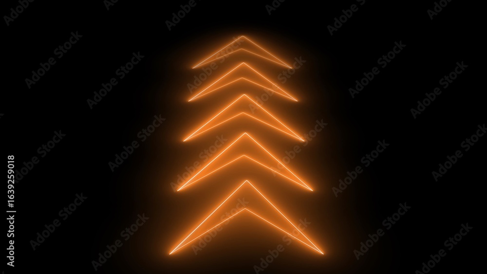 Poster glowing orange neon arrow shapes pointing upwards on a black background abstract design with geometr