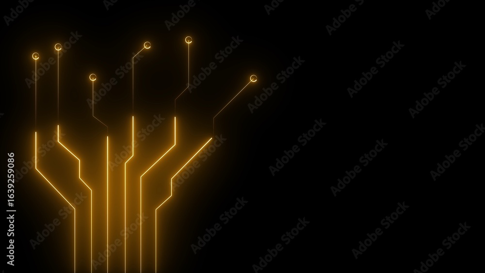 Poster glowing orange circuit board design on black background with illuminated lines and circular nodes te