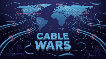 Global Cable Wars: A conceptual illustration of a world map showcasing digital cables, illustrating network connectivity and global data transfer, with text Cable Wars. 