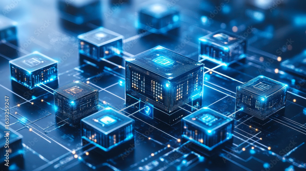 Poster digital network with interconnected microchips in an abstract technology setup illustrating modern c