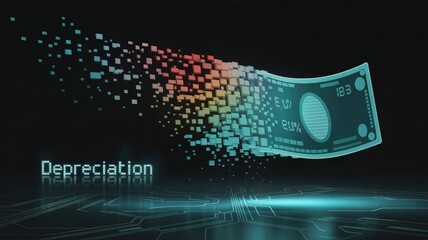 Financial Depreciation: The visual depiction of depreciation, symbolizing the erosion of value in digital currency, where money gradually diminishes into pixelated fragments.