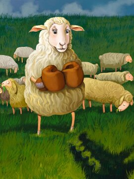 choose to fight in the middle of a flock, a brave sheep stands up and with a pair of boxing gloves decides to face the wolf that threatens them