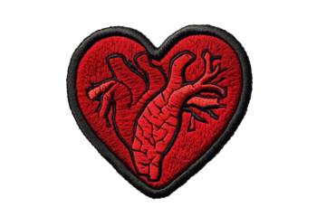Heart embroidered patch badge showcasing a detailed anatomical heart design on a red background, perfect for personalizing clothing or accessories, adding a unique touch to any outfit or project