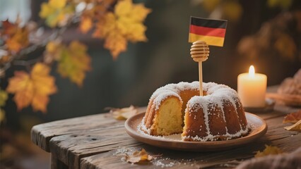 Obraz premium Autumnal Scene with German Flag-Topped Cake and Candles