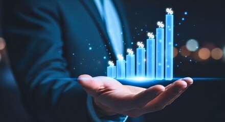 Ascending Growth: A close-up of a professional person displaying a holographic projection of a rising graph, illustrating financial progress and economic growth.