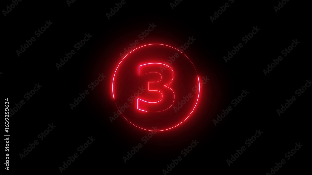 Poster glowing red neon number three inside a circle on black background countdown concept