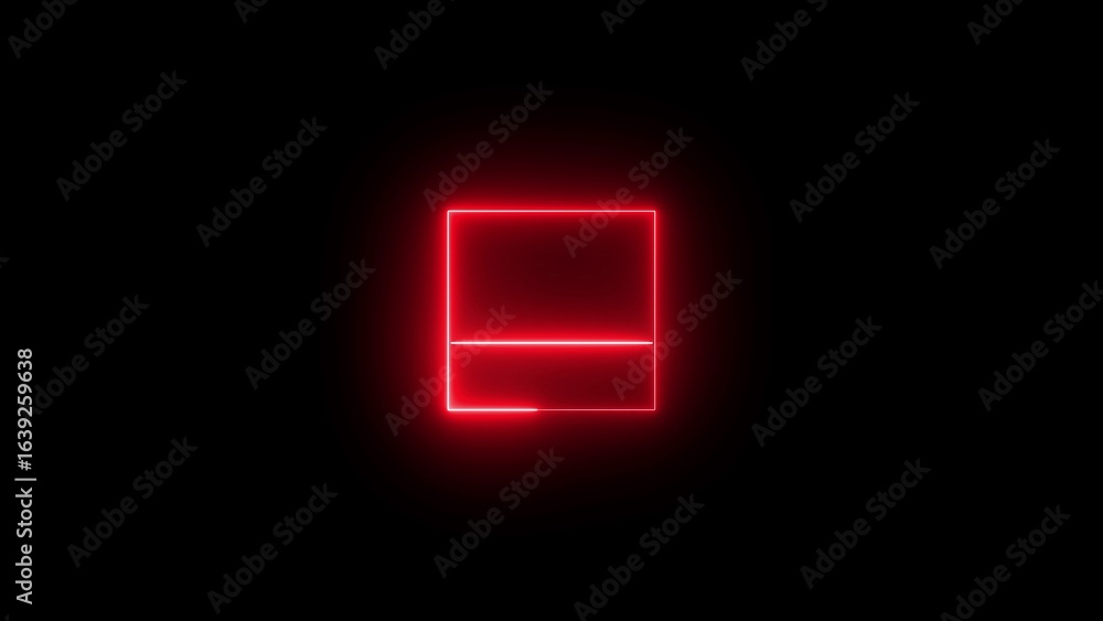 Poster glowing red neon square divided by a horizontal line on a black background abstract geometric shape