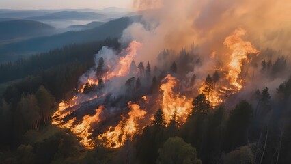 Fototapeta premium Intense Forest Fire Burning Across a Mountainous Landscape