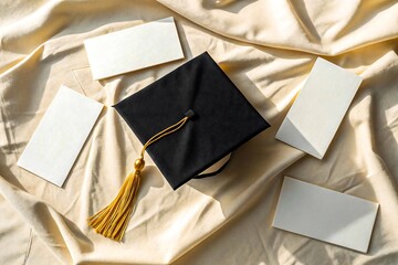 Celebrate graduation success with elegant cards and graduation cap on satin background ready for announcements