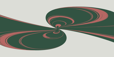 Abstract design featuring green and pink curved lines converging towards the center on white background