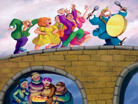 on a bridge a procession that follows a coin played like a drum, under the bridge of the homeless worlds that do not meet due to selfishness and indifference