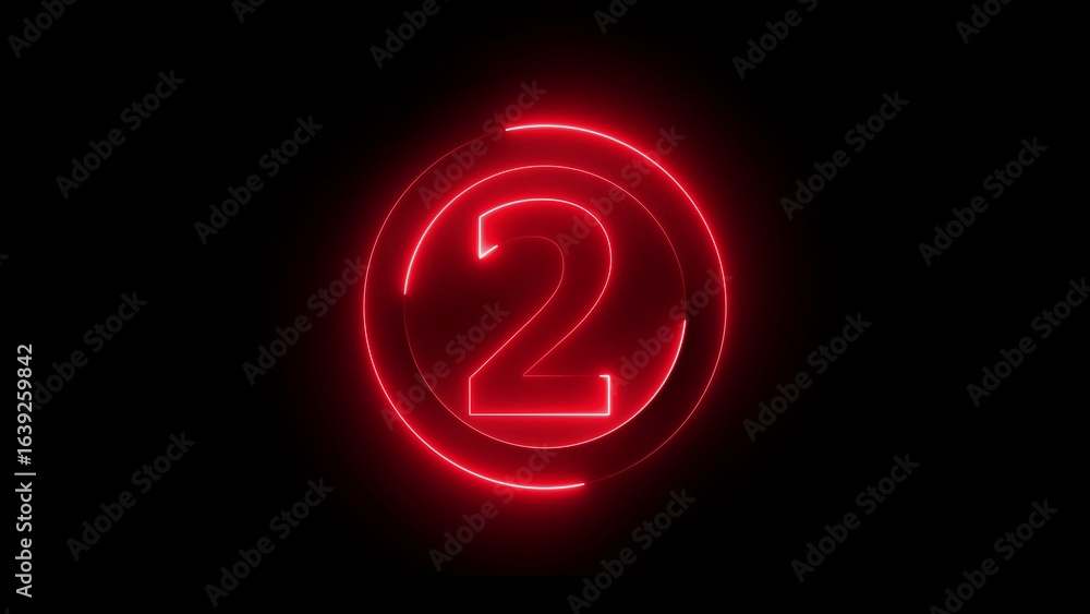 Poster glowing red number two inside a circle on black background neon light effect number 2
