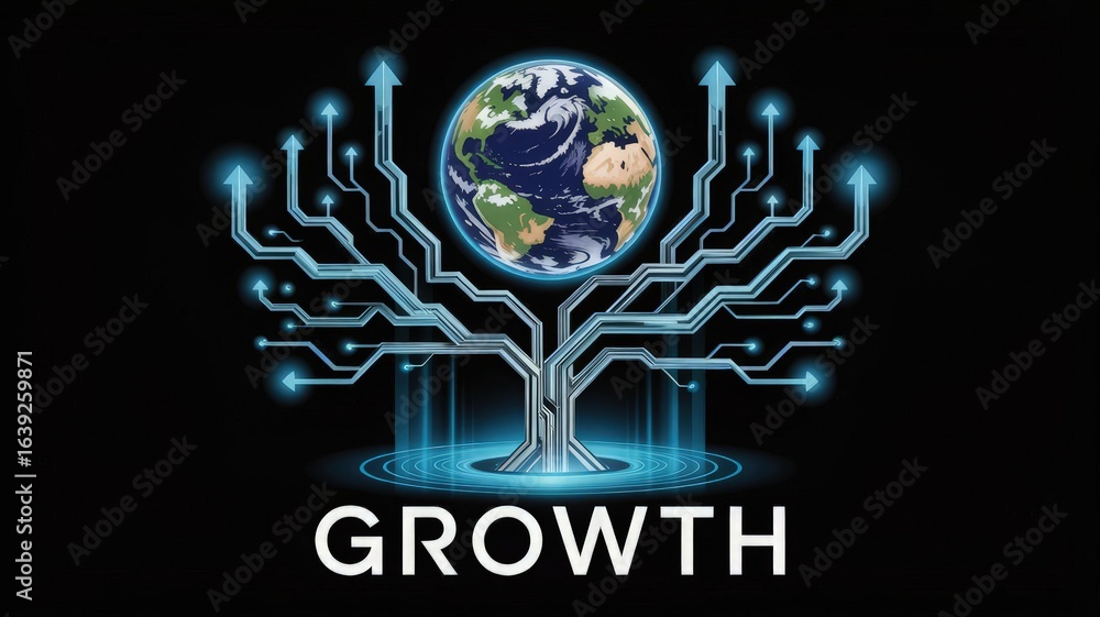 Poster digital growth: a stylized image representing the earth, embedded within a network of digital pathwa