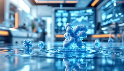 Obraz premium Detailed 3D Render of a Collagen Molecule Gently Floating in a Laboratory Environment Surrounded by Abstract Scientific Visualizations and Data Displays