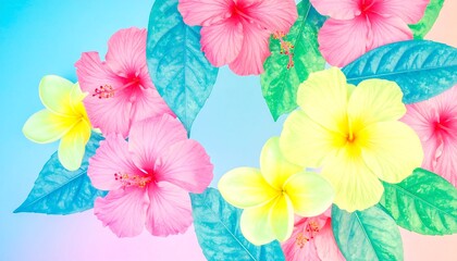 Vibrant floral arrangement with hibiscus and plumeria.