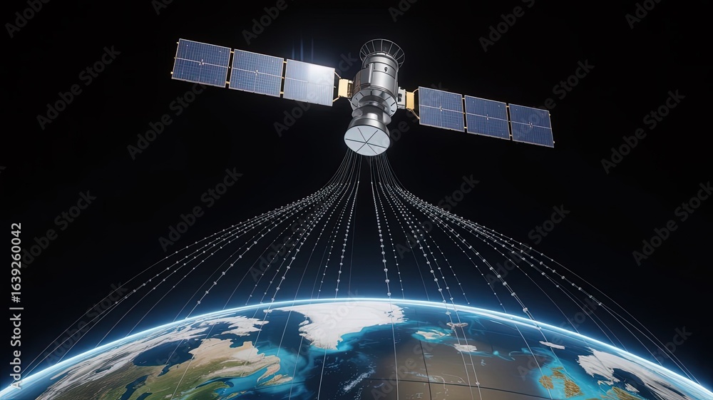 Poster satellite communication in orbit: a photorealistic illustration of a modern satellite in orbit, beam