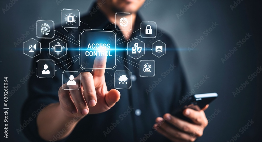 Poster cybersecurity access control: a tech-savvy individual uses an access control interface, navigating a