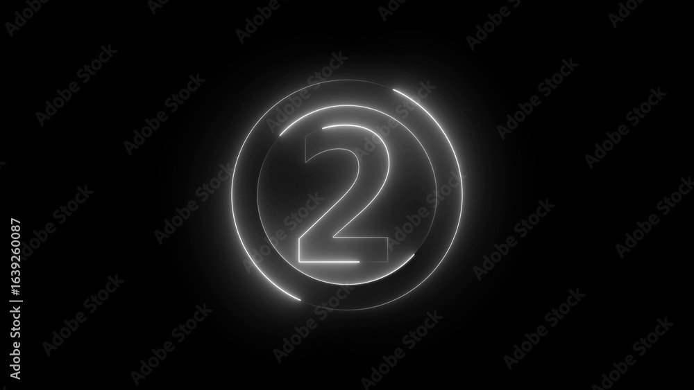 Poster glowing white number two inside a circle on a black background neon style countdown concept