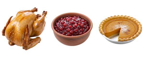 A classic Thanksgiving dinner plate with a roast turkey, cranberry sauce, and a slice of pumpkin pie. This collection represents a traditional and delicious holiday feast.