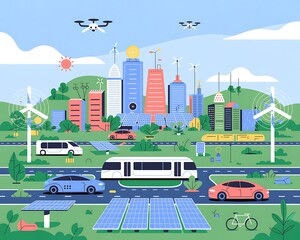 Futuristic smart city with sustainable technology and autonomous vehicles