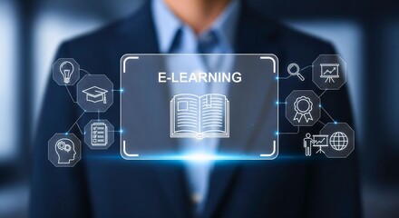 E-Learning Opportunity: A well-dressed individual presents an engaging E-learning concept, surrounded by diverse learning icons, capturing the essence of education's future.