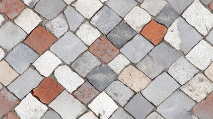Fototapeta premium Detailed view of a cobblestone pavement with a dynamic diagonal arrangement of stones, displaying a vibrant texture.