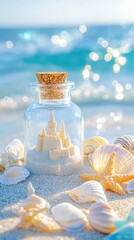 Obraz premium A whimsical sandcastle in a bottle, with seashells on the beach, sparkling in the sun.